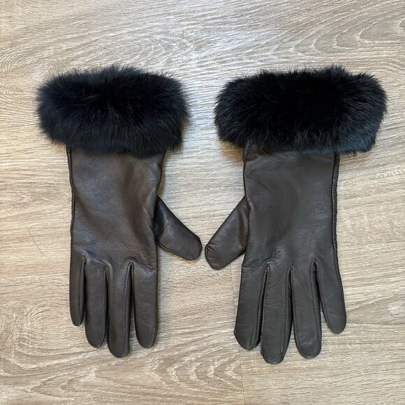 Women’s Brown Leather Gloves w/ Real Black Fur Cuffs Size M Lined WPL 9633 Chic - Picture 9 of 11